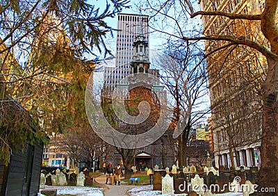 Trinity Church and Churchyard Cemetery during the winter, downtown, Manhattan, NY Editorial Stock Photo