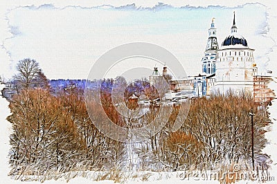 Trinity Lavra of St. Sergius. Imitation of a picture. Oil paint. Illustration Stock Photo