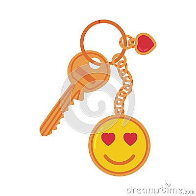 Trinket with Brass Key Hanging with Smiley Keychain or Keyring Vector Illustration Vector Illustration