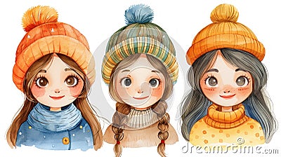 Three charmingly illustrated little girls, each with a unique hairstyle and colorful outfit, are depicted in a warm Stock Photo