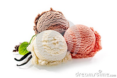 Trio of colorful ice cream with vanilla pods Stock Photo