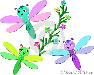 Trio of Cute Dragonflies Vector Illustration