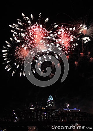 Trio of Flower Fireworks Over the Cincinnati Skyline Stock Photo