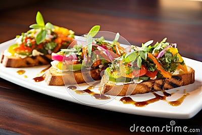 a trio of garden fresh bruschetta with authentic pickled jalapenos Stock Photo