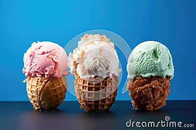 trio of ice cream scoops in cone against a blue background Stock Photo