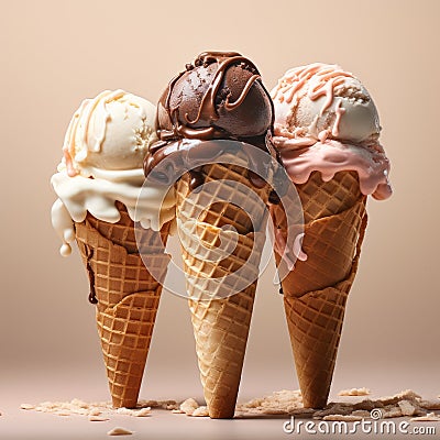 Trio of Icecream. Scoops of vanilla, Strawberry and Chocolate Stock Photo