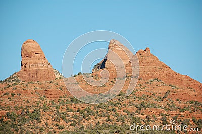 Trio of majestic red sandstone monument in U.S. Southwest in natural light Stock Photo