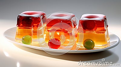 Trio of orange and red jelly desserts on a white plate with marbles. Ideal for Pastry shop catalogs, dessert recipe Stock Photo