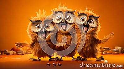 A trio of owls singing. Looks like they could be singing in barbershop quartet style. AI Generated. Stock Photo