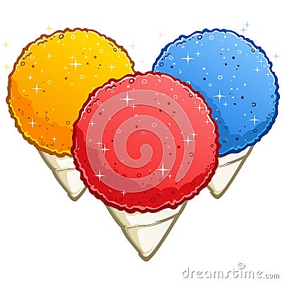 Snow cones red cherry, blue raspberry and yellow lemon cartoon illustrations Vector Illustration