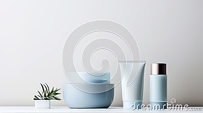 A trio of sleek cosmetic bottles with a minimalist design on a muted backdrop, perfect for branding Stock Photo