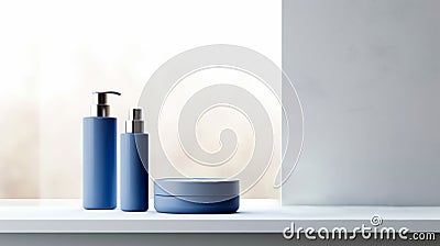 A trio of sleek cosmetic bottles with a minimalist design on a muted backdrop, perfect for branding Stock Photo
