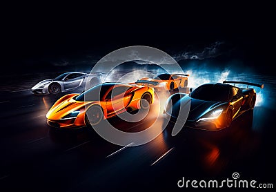 A Trio of Sleek Sports Cars in a Dimly Lit Chamber Stock Photo