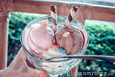 Trio of tasty chocolate, vanilla and strawberry flavored frozen dessert in a bowl with two wafer straws, Bali. Stock Photo
