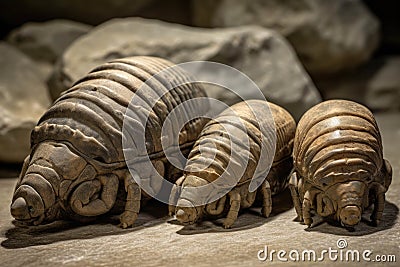 A trio of trilobite fossils that hint at how much life must have evolved since their time.. AI generation Stock Photo