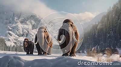 A trio of woolly mammoths trudges over snow covered hills. Behind them, mountains with snow covered peaks rise above dark green Stock Photo