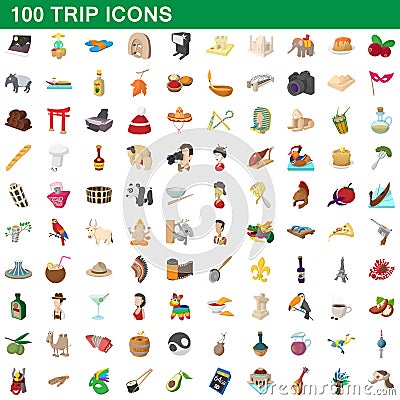 100 trip icons set, cartoon style Vector Illustration