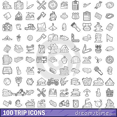 100 trip icons set, outline style Vector Illustration