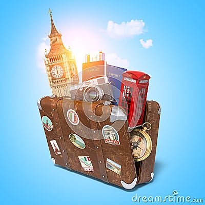 Trip to London, Great Britain.Vintage suiitcase with symbols of UK London, Big Ben tower and red booth. Travel and tourism concept Cartoon Illustration