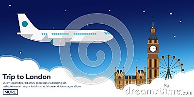 Trip to London. Tourism. Travelling illustration. Modern flat design. Travel by airplane, vacation, adventure, trip. Cartoon Illustration