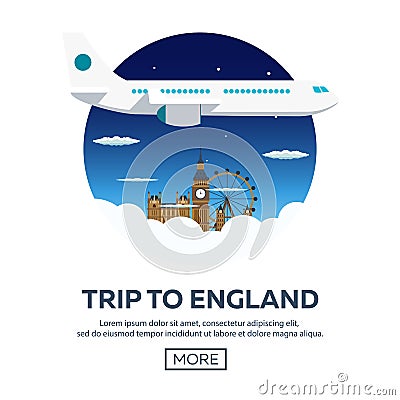 Trip to London. Tourism. Travelling illustration. Modern flat design. Travel by airplane, vacation, adventure, trip. Cartoon Illustration