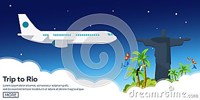 Trip to Rio. Tourism. Travelling illustration. Modern flat design. Travel by airplane, vacation, adventure, trip. Cartoon Illustration