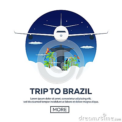 Trip to Rio. Tourism. Travelling illustration. Modern flat design. Travel by airplane, vacation, adventure, trip. Cartoon Illustration