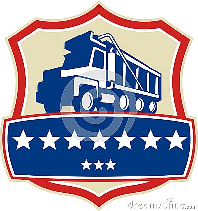 Triple Axle Dump Truck Stars Crest Retro Vector Illustration