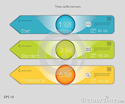 Triple banner for hosting. Three tariffs banners. Web pricing table. Vector design for web app. Arrow style. Vector Illustration