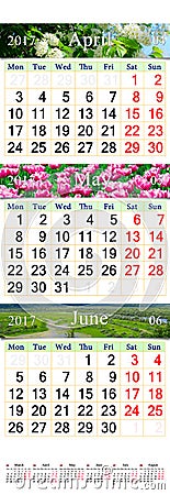 Triple calendar for April May and June 2017 with pictures Stock Photo