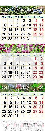 Triple calendar for March April and May 2017 with pictures of flowers Stock Photo