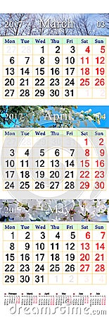 Triple calendar for March April and May 2017 with pictures Stock Photo