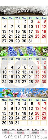 Triple calendar for March April and May 2017 with pictures Stock Photo