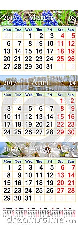 Triple calendar for March April and May 2017 with pictures Stock Photo