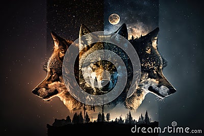 triple exposure of wolf, night sky, and full moon Stock Photo