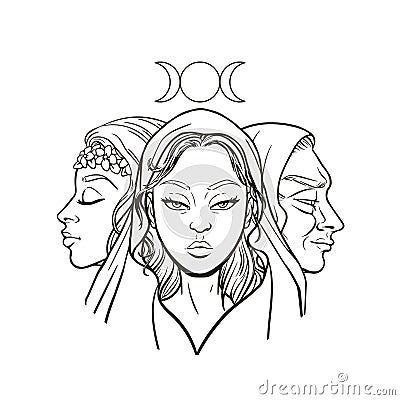 Triple goddess as Maiden, Mother and Crone, beautiful woman, symbol of moon phases. Hekate, mythology, wicca, witchcraft. Vector Vector Illustration