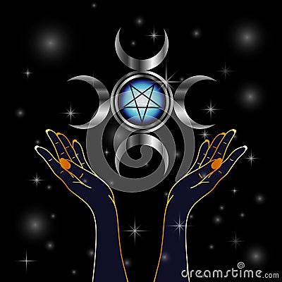 Triple Goddess pagan symbol and hands holding an inverted pentacle Vector Illustration