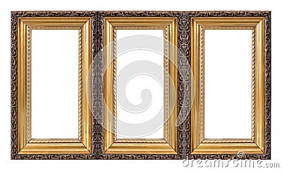 Triple golden frame triptych for paintings, mirrors or photos isolated on white background Stock Photo