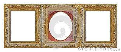 Triple golden frame triptych for paintings, mirrors or photos isolated on white background. Design element with clipping path Stock Photo