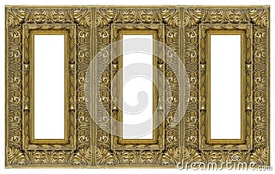 Triple golden frame triptych for paintings, mirrors or photos isolated on white background. Design element with clipping path Stock Photo