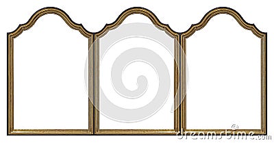 Triple gothic golden frame triptych for paintings, mirrors or photos isolated on white background. Design element with clipping Stock Photo