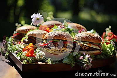 A triple hamburger in a spring picnic., generative IA Stock Photo