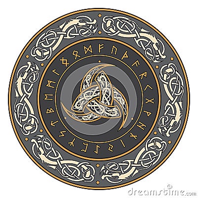 Triple Horn of Odin decorated with Scandinavian ornaments and runes Vector Illustration