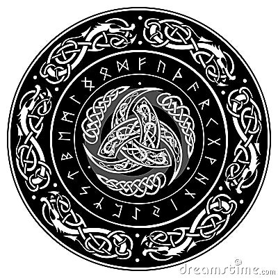 Triple Horn of Odin decorated with Scandinavian ornaments and runes Vector Illustration