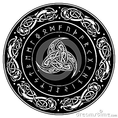 Triple Horn of Odin decorated with Scandinavian ornaments and runes Vector Illustration