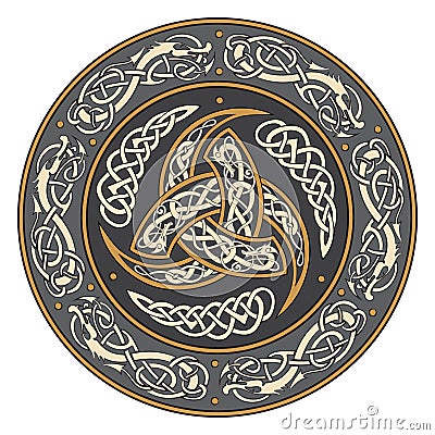 Triple Horn of Odin decorated with Scandinavian ornaments Vector Illustration