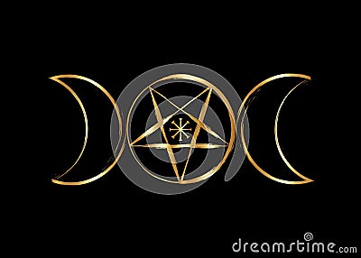 Triple Moon Goddess Wicca Pentacle symbol, golden pagan witchcraft icon in gold brush stroke style. Vector isolated on black Vector Illustration