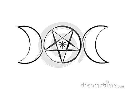 Triple Moon Goddess Wicca Pentacle symbol, pagan witchcraft icon in brush stroke style. Vector isolated on white background Vector Illustration