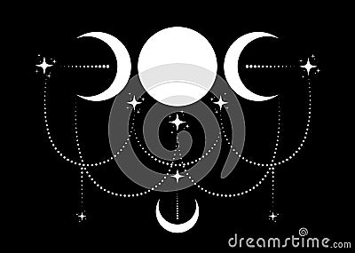 Triple Moon Religious wiccan sign. Wicca logo Neopaganism symbol, celtic boho style, Goddess icon tattoo, Goddess Vector Illustration