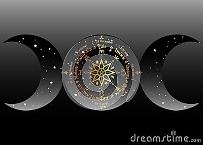 Triple moon Wicca pagan goddess, wheel of the Year is an annual cycle of seasonal festivals. Wiccan calendar and holidays. Compass Vector Illustration